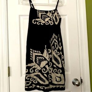 INC International Concepts black dress, empire waist, beige embroidery, medium
